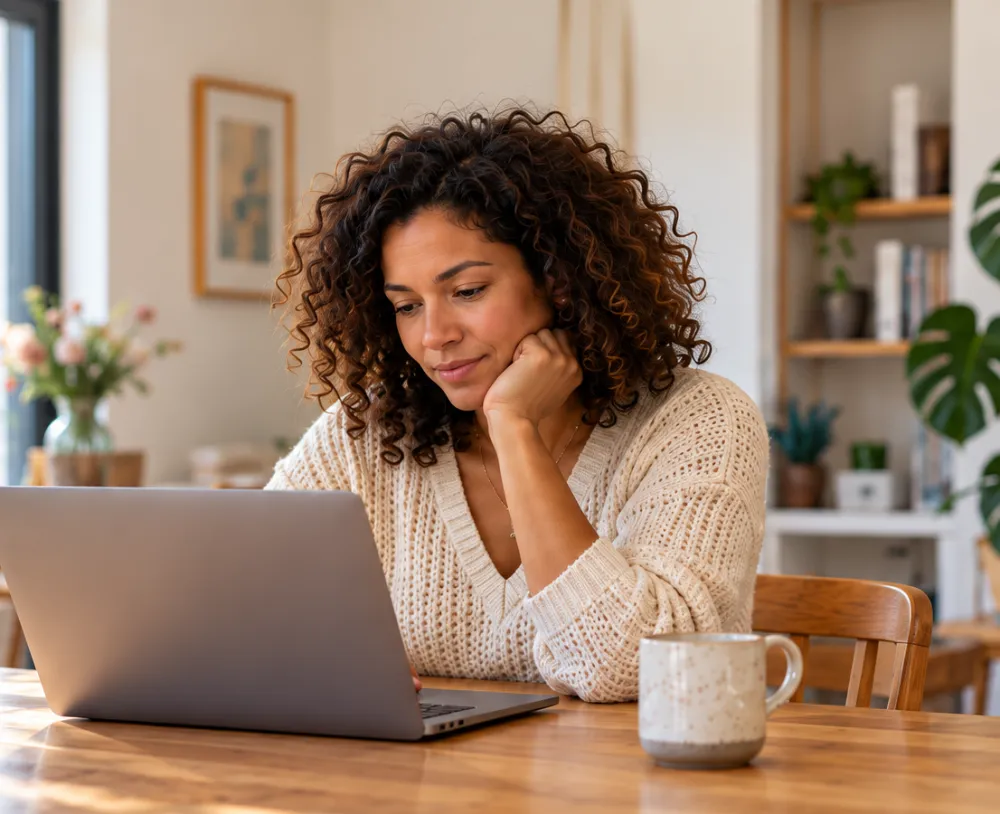 Vrouw vergelijkt zorgverzekeringen op haar laptop aan de eettafel